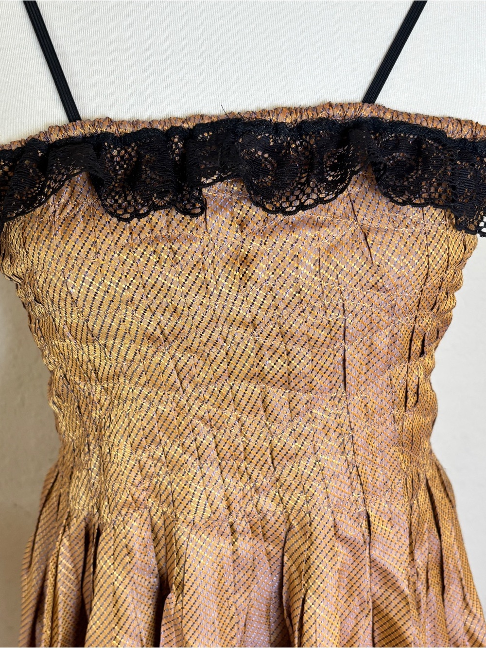 Handmade Boho Mini Dress Brown Black Lace Smocked Beaded Retro Festival Medium - Picture 2 of 7